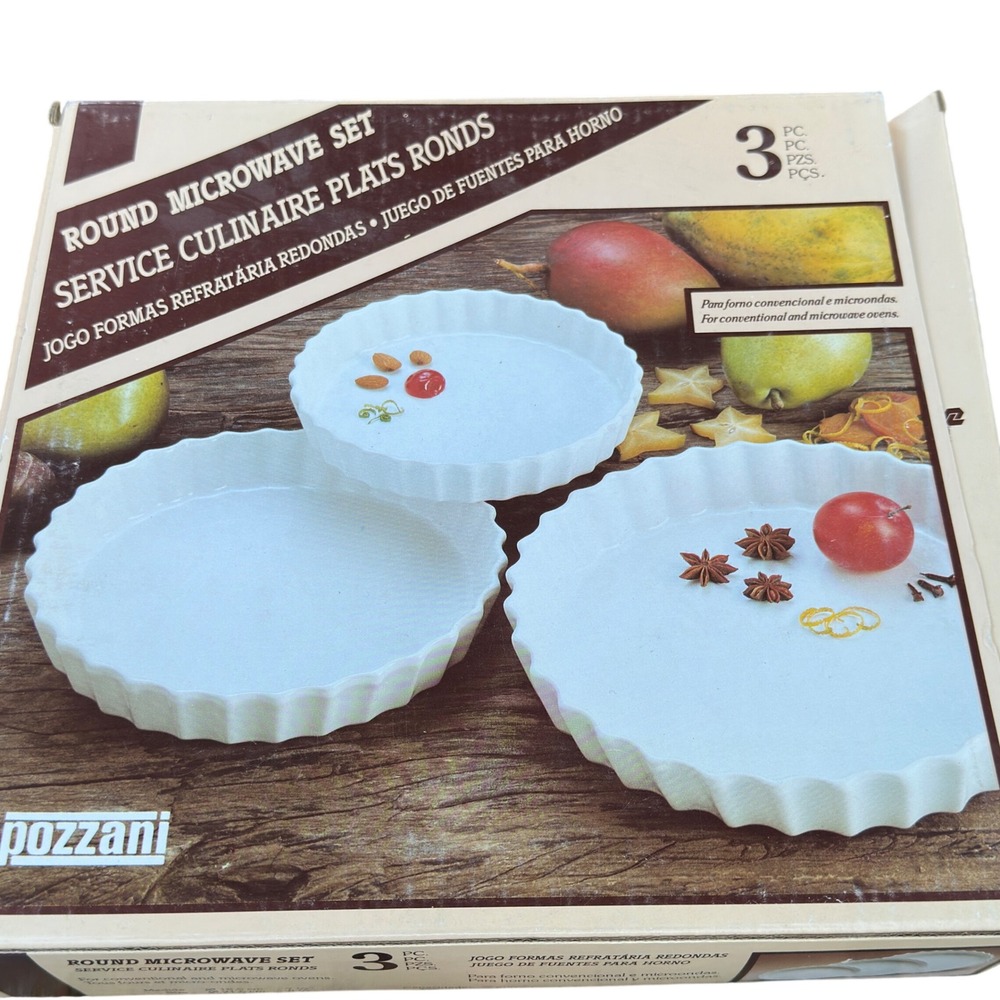 Pozzani White Ceramic Fluted Baking Dish Set‎ 3pc Vintage French Country NIB